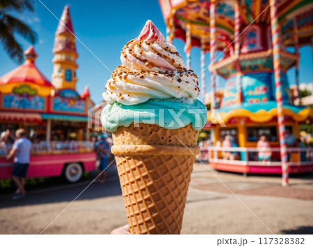 Person holding ice cream cone at amusement park on summer day 117328382