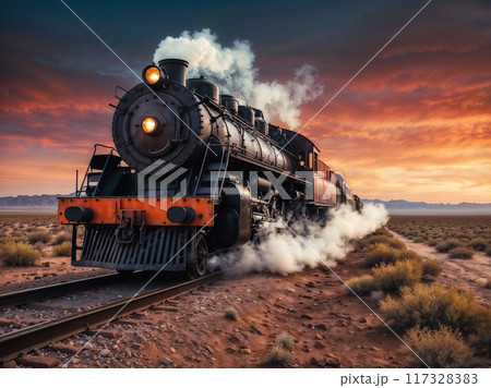 Powerful steam train traveling through desert at sunset 117328383