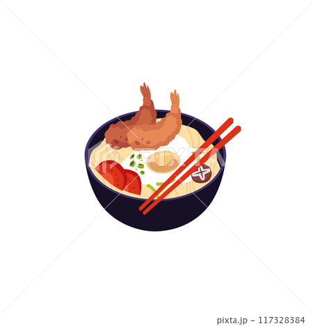 Udon noodle soup with shrimp tempura. Asian food vector illustration. 117328384