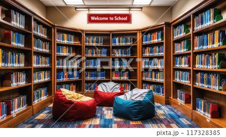 Empty library room with beanbags and nobody around inviting to reading 117328385