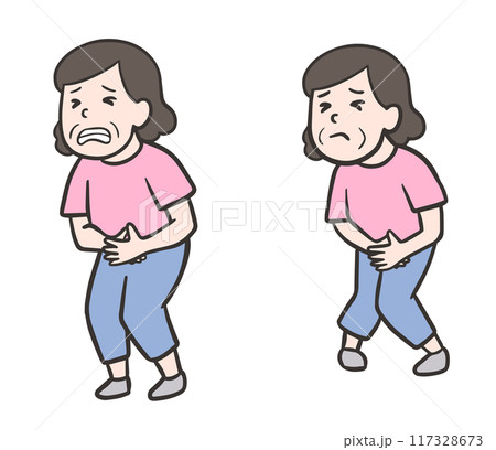 お腹が痛い中年女性と漏れそうな中年女性のセットイラスト 117328673