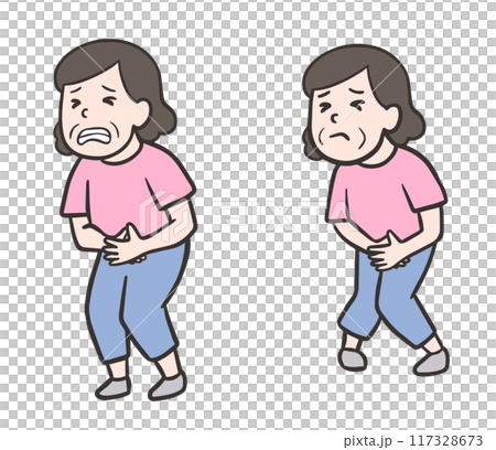 Set of illustrations of a middle-aged woman with a stomach ache and a middle-aged woman who is about to leak 117328673