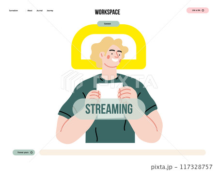 Creative Workspace: Video Conference, modern flat vector concept illustration of person engaging in virtual business meeting Connectivity, collaboration, digital interaction, remote work, productivity 117328757