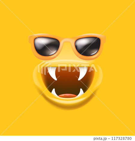 Vector Cartoon monster avatar with sunglasses, open mouth, fangs isolated on orange background. Funny and cute Halloween Monster open mouth with big vampire fangs. Bizarre face 117328780