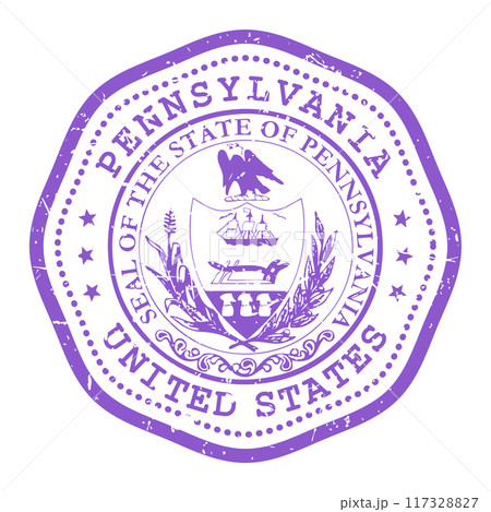 Pennsylvania state stamp with seal, USA travel stamp, shabby postmark of Pennsylvania, vector Pennsylvania state stamp with seal, USA travel stamp, shabby postmark of Pennsylvania, vector 117328827