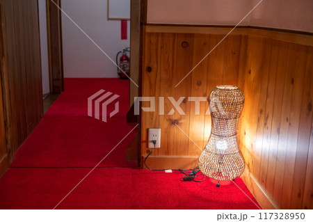Rattan bamboo floor lamp light up at traditional Japanese ryokan Rattan bamboo floor lamp light up at traditional Japanese ryokan 117328950