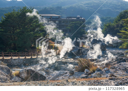 Aerial landscape of Hell valley Jigoku at Mount Unzen, Nagasaki 117328965