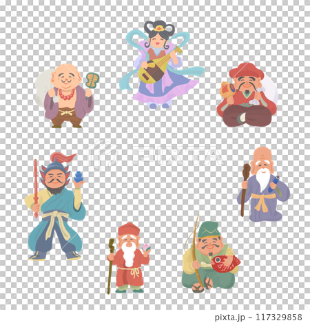 Hand-drawn illustration of the Seven Lucky Gods Hand-drawn illustration of the Seven Lucky Gods 117329858