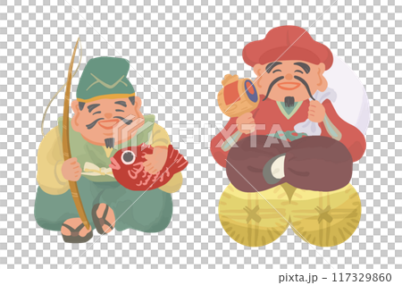 Hand-drawn illustration of Ebisu and Daikoku 117329860