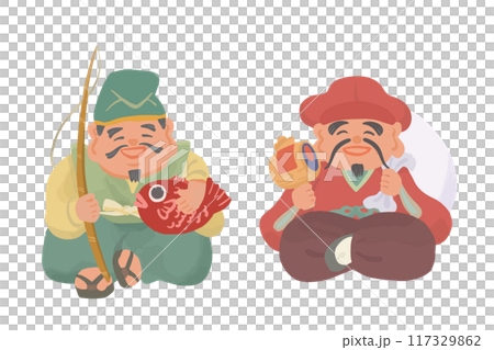 Hand-drawn illustration of Ebisu and Daikoku 117329862