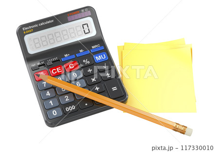 Calculator with pencil and blank yellow sticky notes. 3D rendering 117330010