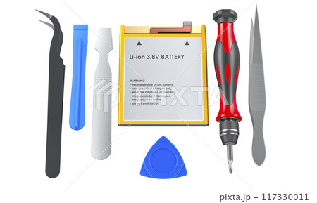 Cell Phone Battery with Professional Repair Tool Kit for Electronics. Cell Phone Repair Service, concept. 3D rendering 117330011