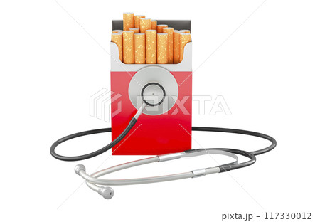 Cigarette pack with Stethoscope. Respiratory and lung diseases from smoking, concept. 3D rendering 117330012