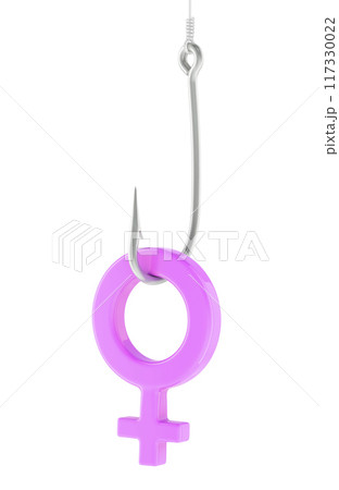 Pink female gender symbol on the fishing hook, 3D rendering Pink female gender symbol on the fishing hook, 3D rendering 117330022