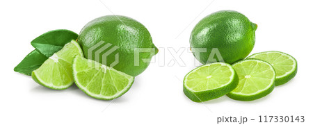 lime with slices and leaf isolated on white background 117330143