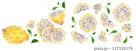 Dragon fruit, Pitaya or Pitahaya yellow isolated on white background with copy space for your text. Top view. Flat lay 117330174