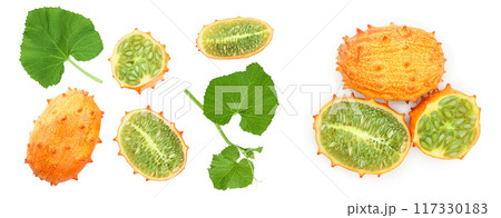 Kiwano or horned melon isolated on white background, Top view. Flat lay. Kiwano or horned melon isolated on white background, Top view. Flat lay. 117330183