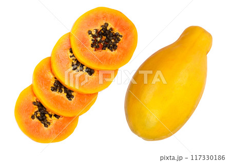 ripe slice papaya isolated on a white background. Top view. Flat lay ripe slice papaya isolated on a white background. Top view. Flat lay 117330186