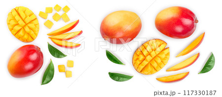 Mango fruit and half with slices isolated on white background with copy space for your text. Top view. Flat lay 117330187