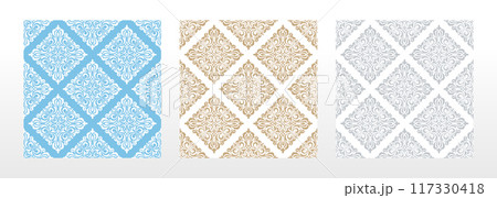 Wallpapers in the style of Baroque. Seamless vector backgrounds. Set of colored floral ornaments. Graphic patterns for fabric, wallpaper, packaging. Ornate Damask flower ornaments 117330418