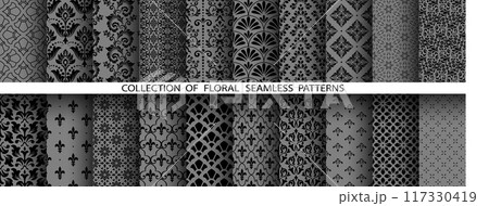 Geometric floral set of seamless patterns. Gray and black vector backgrounds. Damask graphic ornaments 117330419