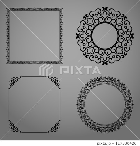 Set of decorative frames Elegant vector element for design in Eastern style, place for text. Floral black and gray borders. Lace illustration for invitations and greeting cards 117330420