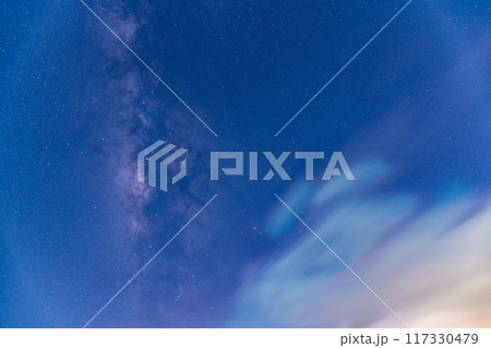 Romantic Night Sky Over Turtle Island with Galaxy and Lightning. 117330479