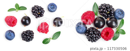 mix of blackberry blueberry raspberry isolated on white background. Top view. Flat lay pattern 117330506