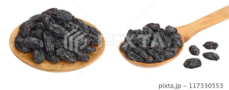 Yellow raisins in wooden bowl and spoon isolated on white background with full depth of field Yellow raisins in wooden bowl and spoon isolated on white background with full depth of field 117330553