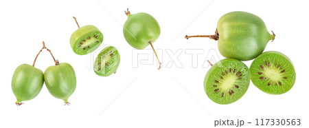 mini kiwi baby fruit or actinidia arguta isolated on white background with full depth of field. Top view. Flat lay mini kiwi baby fruit or actinidia arguta isolated on white background with full depth of field. Top view. Flat lay 117330563