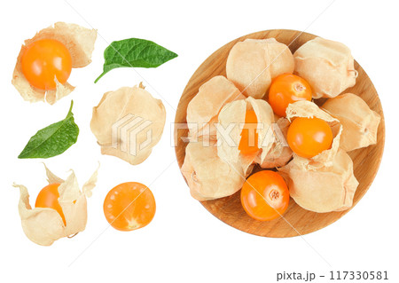 Cape gooseberry or physalis in wooden bowl isolated on white background. Top view with copy space for your text. . Flat lay 117330581