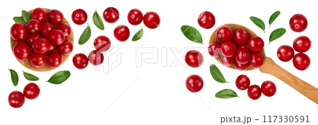 Cranberry in wooden bowl and spoon isolated on white background. Top view with copy space for your text. Flat lay 117330591