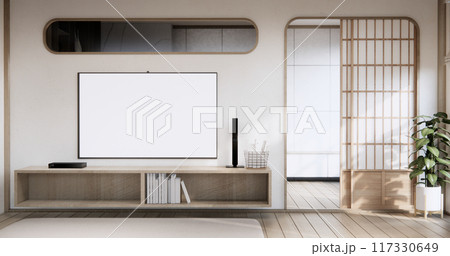 Wall shelf design on living room wooden contemporary style. 117330649