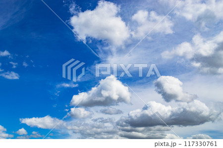Magnificent cumulus clouds high in blue sky Magnificent cumulus clouds high in blue sky 117330761
