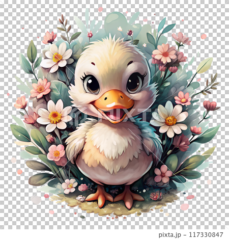 Adorable Watercolor Chibi Duckling Smiling Amidst Colorful Wildflowers: Kawaii Anime-Style Baby Duck Illustration on White Background. Charming Anime-Inspired Watercolor Painting of Cute Smiling Adorable Watercolor Chibi Duckling Smiling Amidst Colorful Wildflowers: Kawaii Anime-Style Baby Duck Illustration on White Background. Charming Anime-Inspired Watercolor Painting of Cute Smiling 117330847