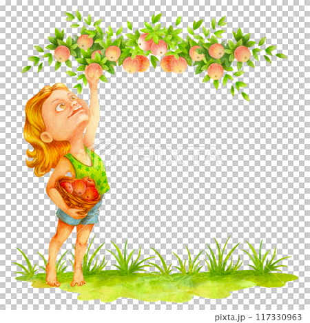 Barefoot Girl picking ripe fruits from apple tree branch. Smiling teenage farmer collecting apples in countryside garden, holding a basket in her hand. Harvest time. Isolated watercolor illustration 117330963