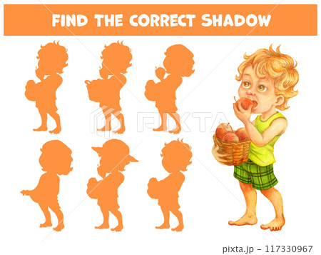 Find the correct shadow of cute boy biting a big apple. Harvest festival theme worksheet for kids. Children educational matching game. Logic puzzle for preschooler. Cartoon watercolor illustration 117330967