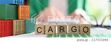 Cargo word collected with wooden cubes and shipping containers 117331094