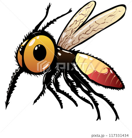 big-eyed scary cartoon mosquito with nasty hairs. Vector illustration The insect contains blood in its abdomen which splashes when it moves. 117331434