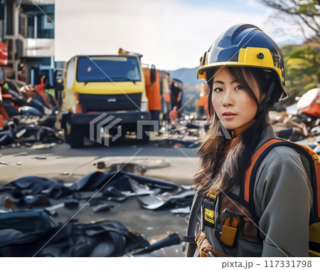 ヘルメットをかぶった瓦礫の前に立つ女性のイメージ素材 ヘルメットをかぶった瓦礫の前に立つ女性のイメージ素材 117331798
