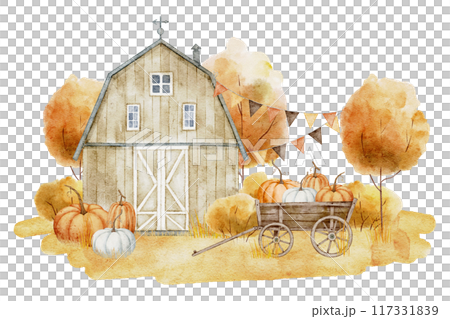 Watercolor Autumn farm scene with wooden Barn, Pumpkins, fall Harvest wagon, and trees. Illustration of rustic Building in a forest on isolated background. Drawing for harvest festival greeting cards. 117331839