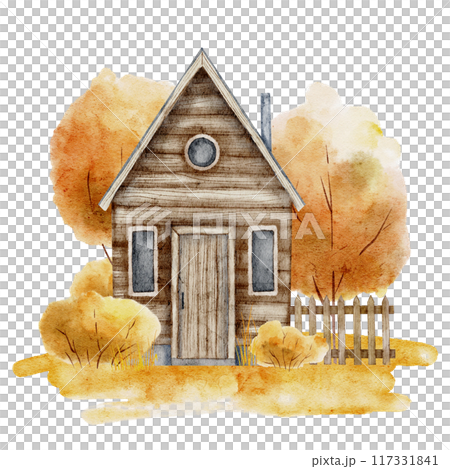 Cozy Watercolor Cottage with Autumn Trees. Drawing of fall landscape with rustic wooden house. Hand drawn painting with rural scene. Home in forest on isolated background. Sketch of cabin. 117331841