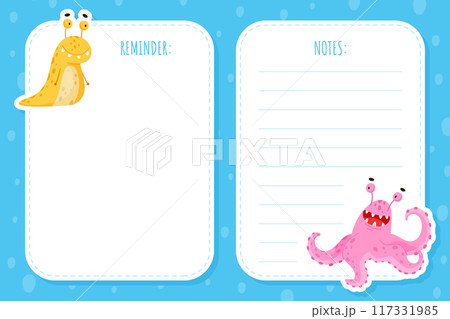Note Card with Funny Monster Character and Mutant with Friendly Face Vector Template 117331985