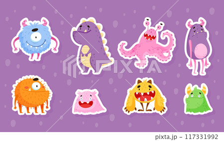 Funny Monster Character as Toothy and Hairy Mutant with Friendly Face Vector Sticker Set Funny Monster Character as Toothy and Hairy Mutant with Friendly Face Vector Sticker Set 117331992