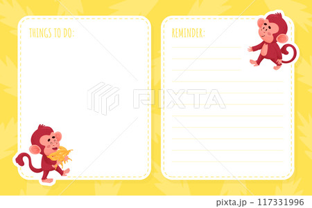 Note Card with Cute Playful Monkey Character Vector Template 117331996