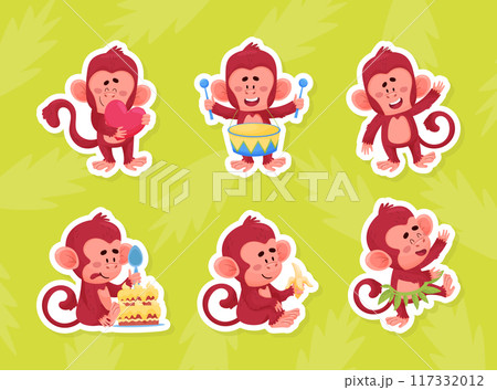 Cute Playful Monkey Character with Long Tail Sticker Vector Set Cute Playful Monkey Character with Long Tail Sticker Vector Set 117332012