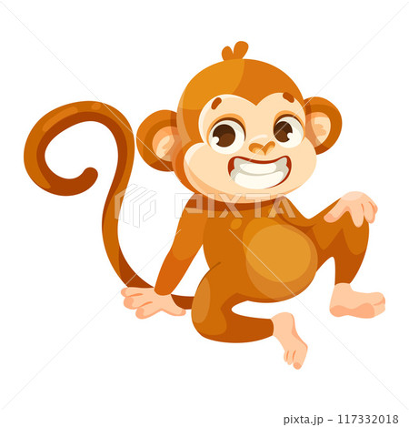 Cute Playful Monkey Character with Long Tail Sit and Smile Vector Illustration 117332018