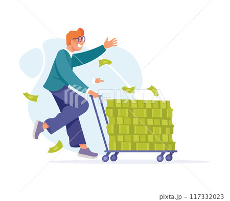 Rich Man Character Push Trolley with Green Money Banknotes Vector Illustration 117332023