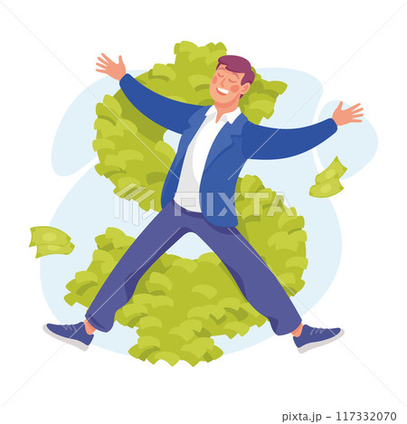 Rich Man Character Roll In Green Money Banknotes Vector Illustration Rich Man Character Roll In Green Money Banknotes Vector Illustration 117332070