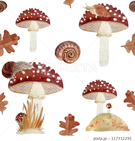 Fly agaric red wild mushroom and a snail textured watercolor seamless pattern isolated on white. This hand-painted design is perfect for fabric, wallpaper, stationery, showcasing a whimsical nature 117332295